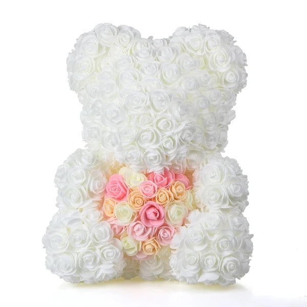 Large 40cm White with pink mix heart Rose Bear
