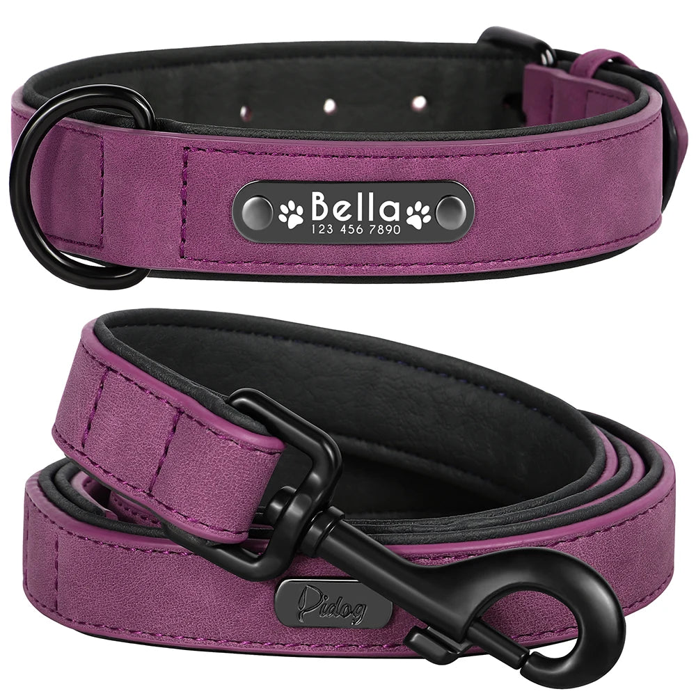Personalized Dog Collar Leash Set Custom Leather Dog ID Collar Leash Lead For Small Medium Large Dogs Pitbull Bulldog Pugs