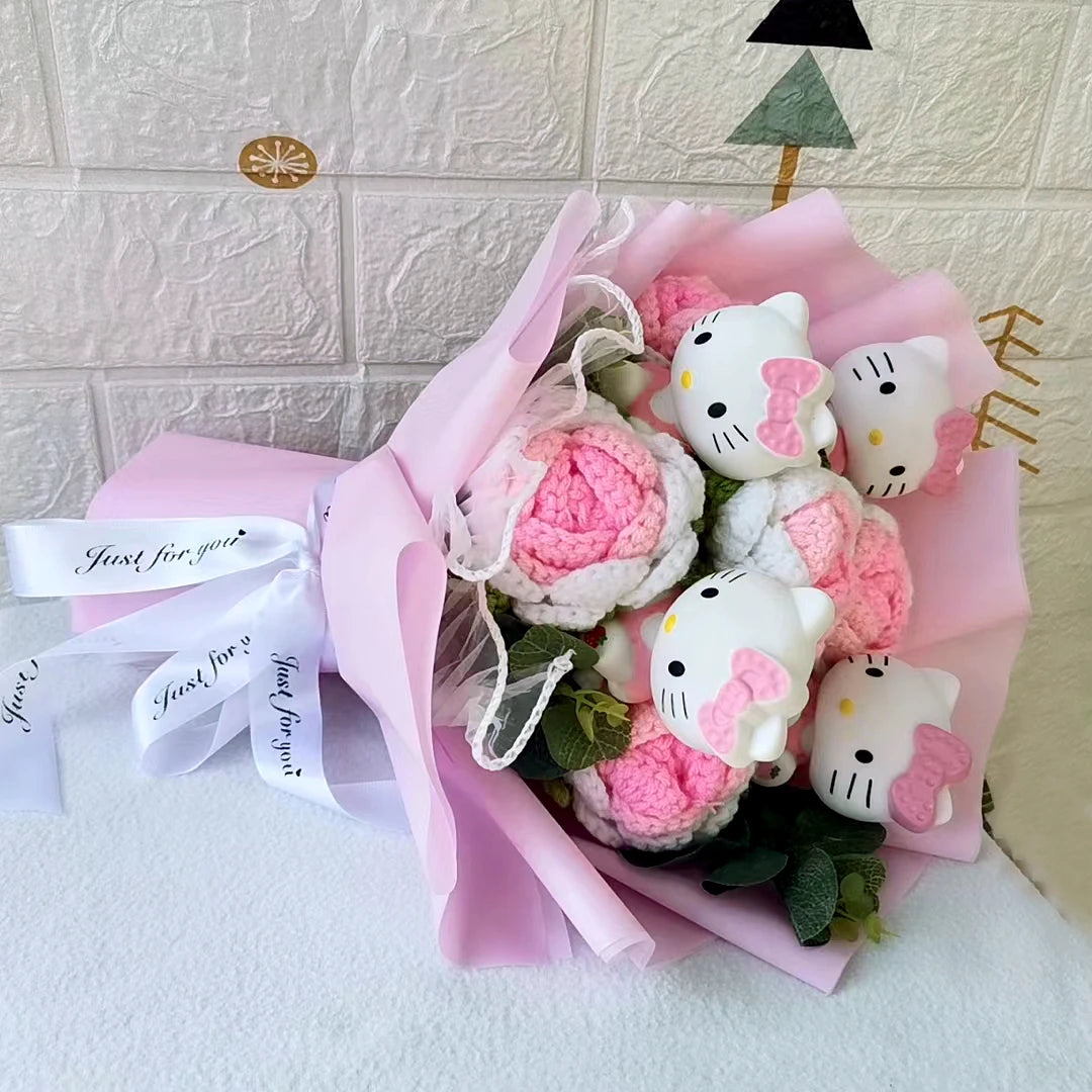 Knitted Hello Kitty Cartoon Plush Bouquet Flowers