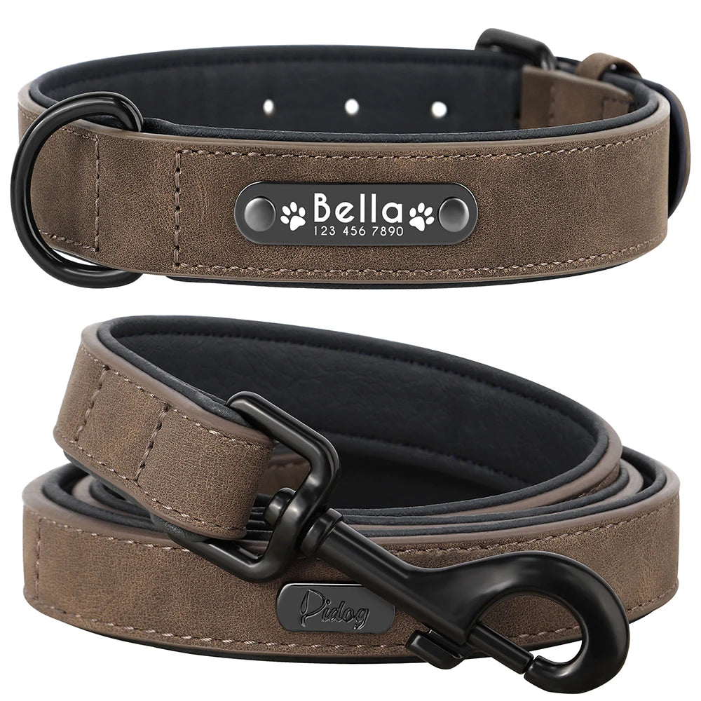Personalized Dog Collar Leash Set Custom Leather Dog ID Collar Leash Lead For Small Medium Large Dogs Pitbull Bulldog Pugs