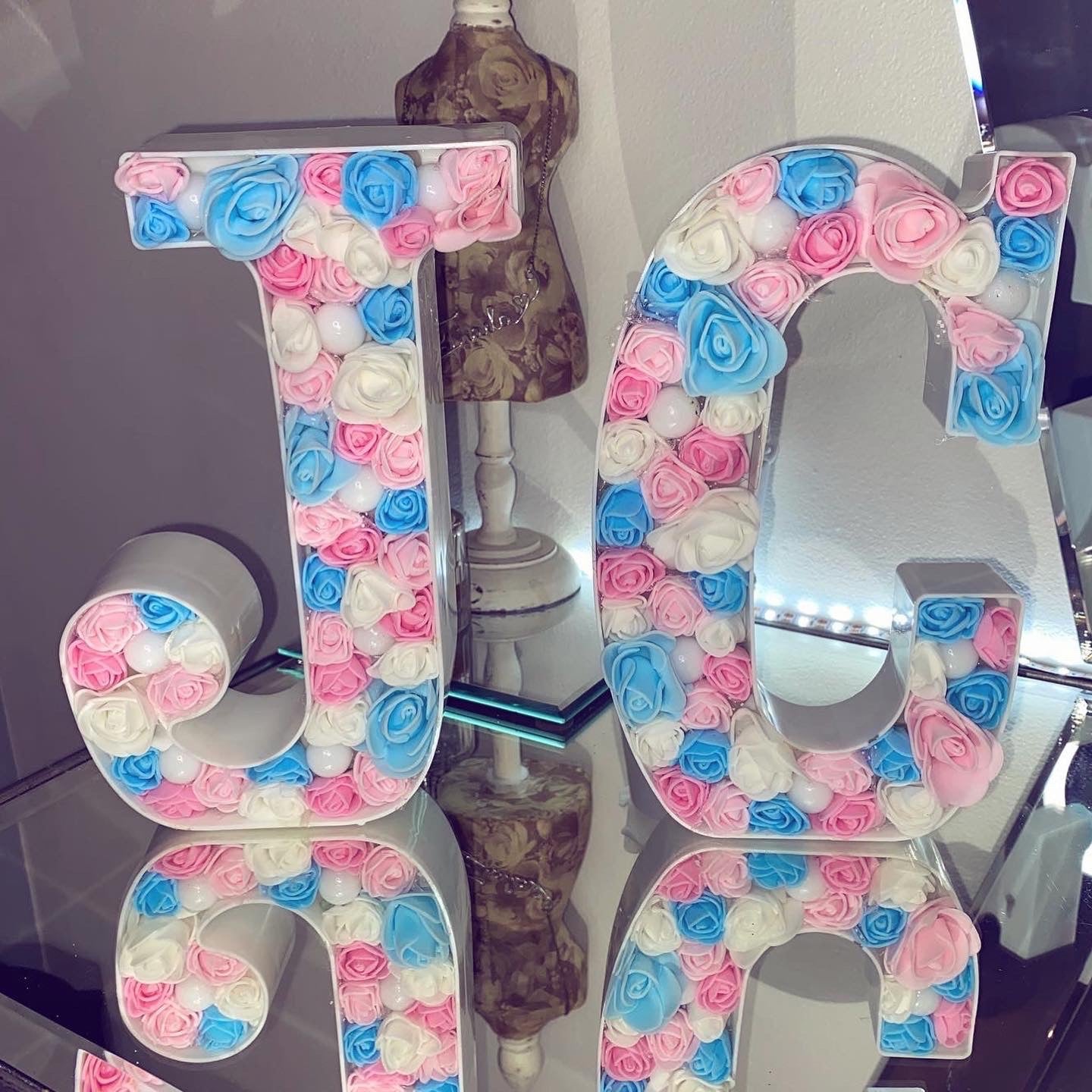 Blue Pink and White Rose LED Letter Initial Lights