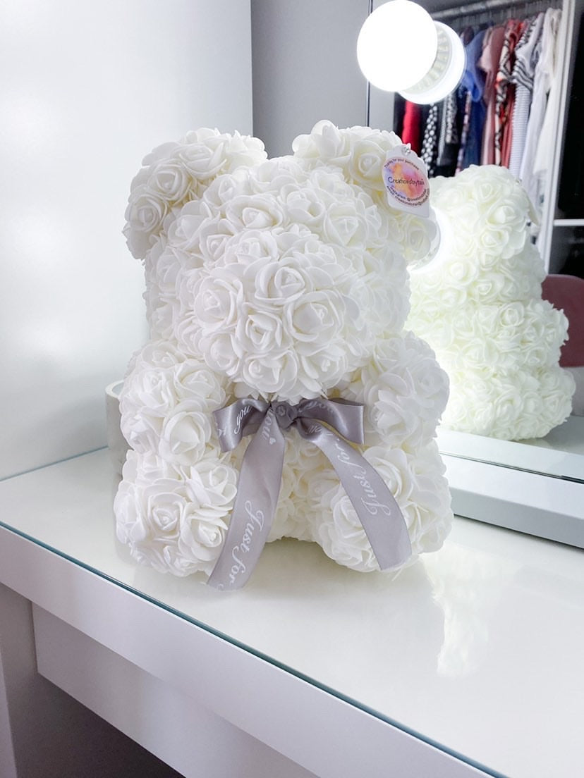 Medium White Rose Bear