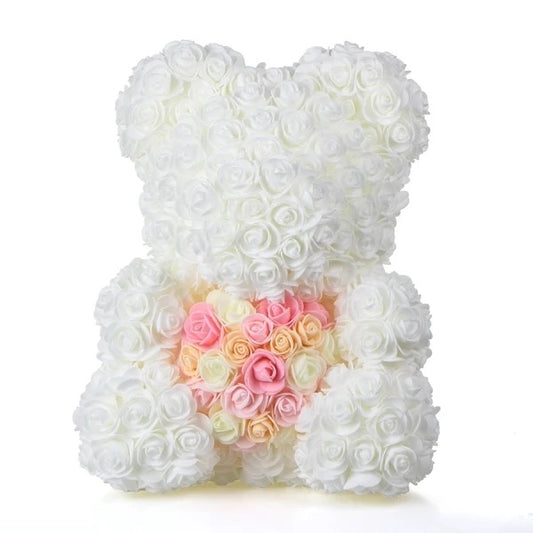 Large 40cm White with pink mix heart Rose Bear