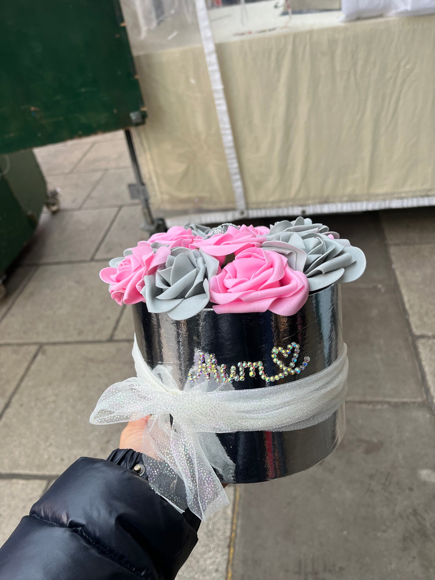 Mum Pink & Grey Flower Rose Box