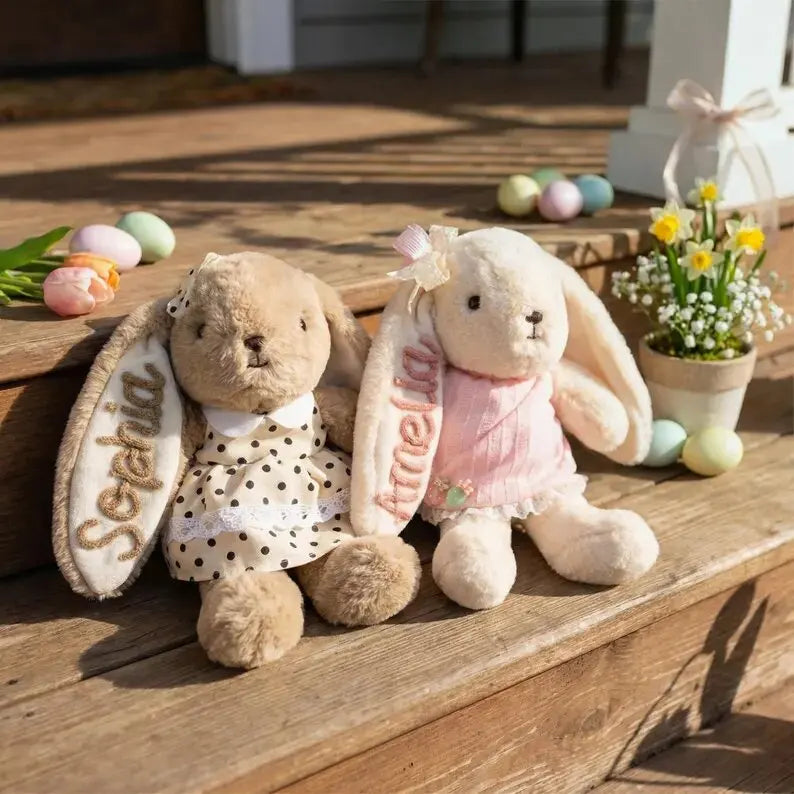 Personalized Plush Rabbit, Custom Party Favors, Wedding Favors Hand-Embroidered with Names, Keepsake or Birthday Gifts, and Holi