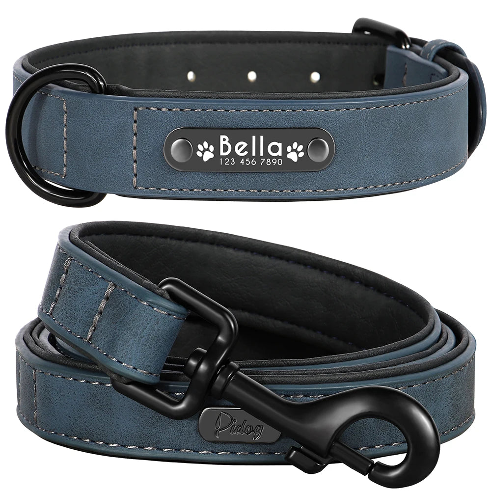 Personalized Dog Collar Leash Set Custom Leather Dog ID Collar Leash Lead For Small Medium Large Dogs Pitbull Bulldog Pugs