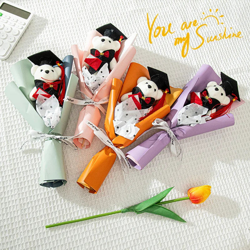 Graduation Bear Crochet Flowers Bouquet Artificial