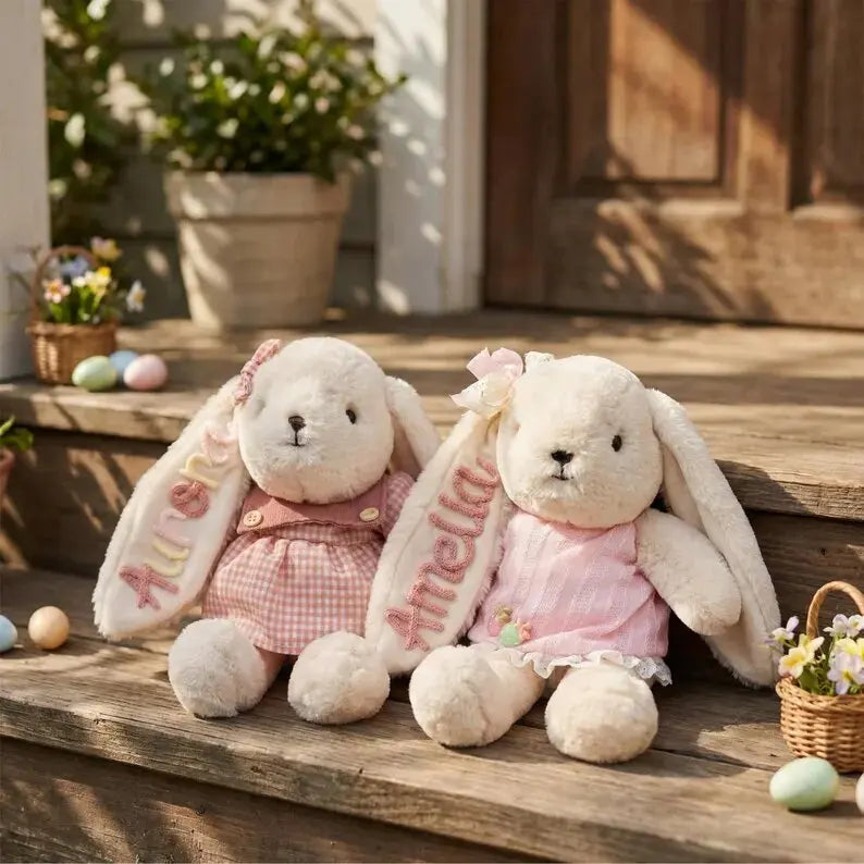 Personalized Plush Rabbit, Custom Party Favors, Wedding Favors Hand-Embroidered with Names, Keepsake or Birthday Gifts, and Holi