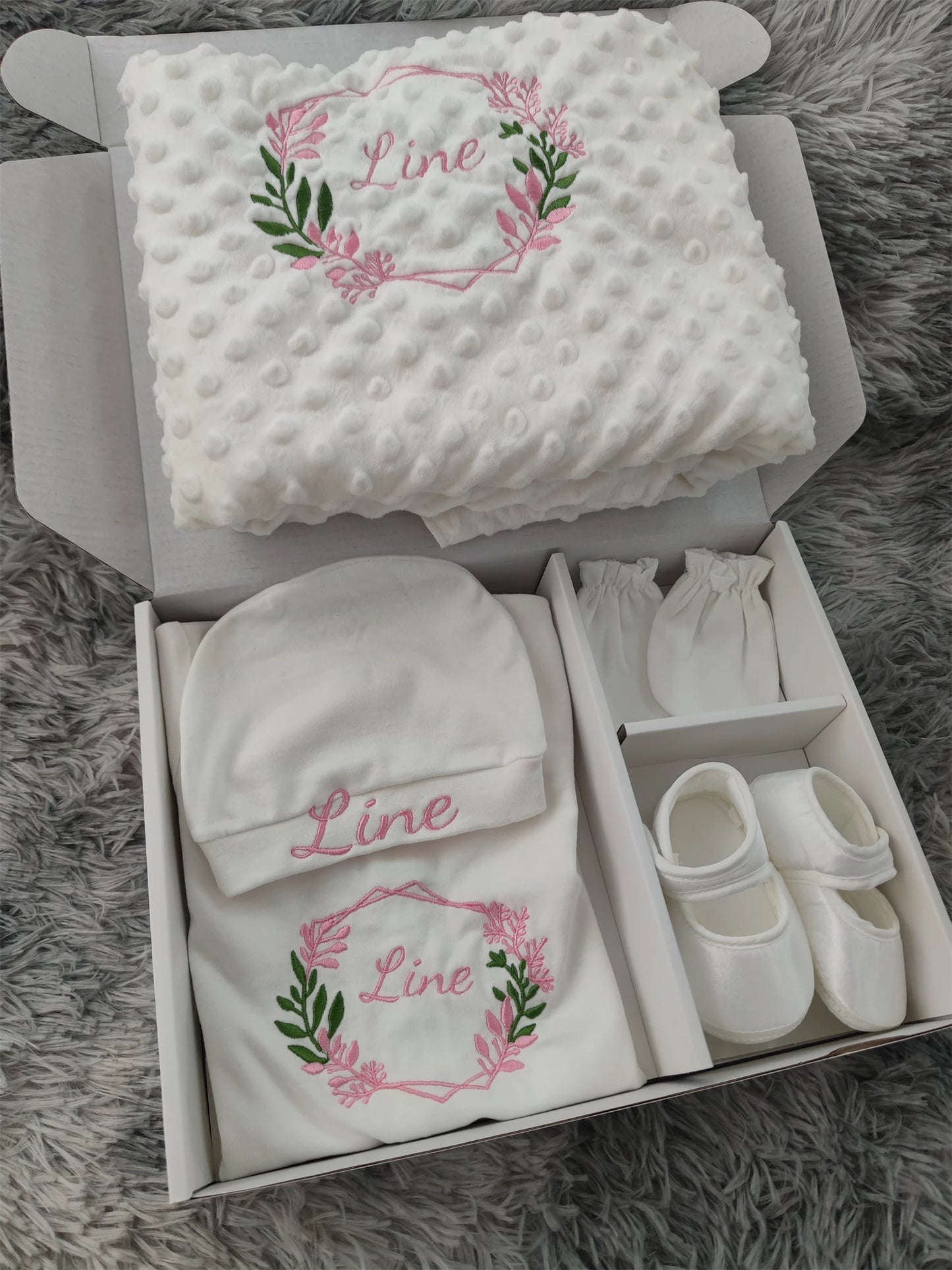 Dollbling Infant Name Embroidery Romper Blanket Set Flower garland Peiris pattern Laurel tree Baby Girl Name Lattye Outift