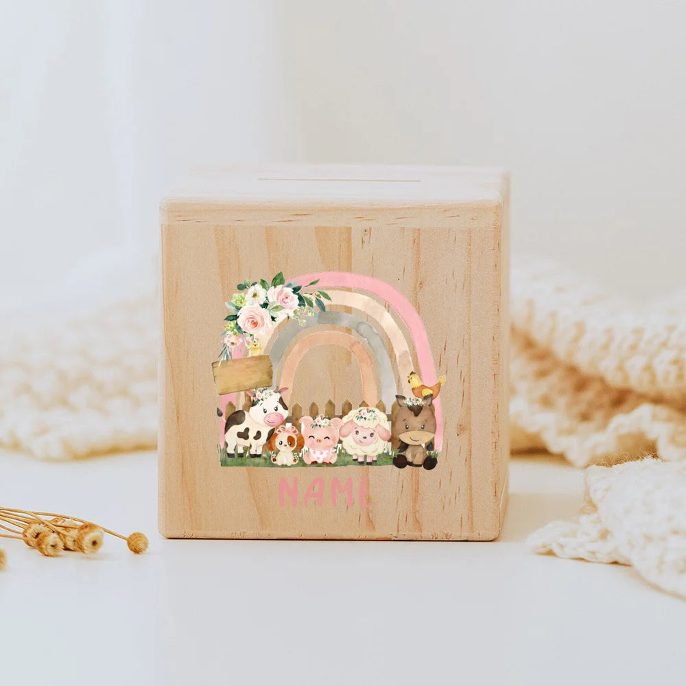 Personalised wooden Money Box Rainbow Safari Animals