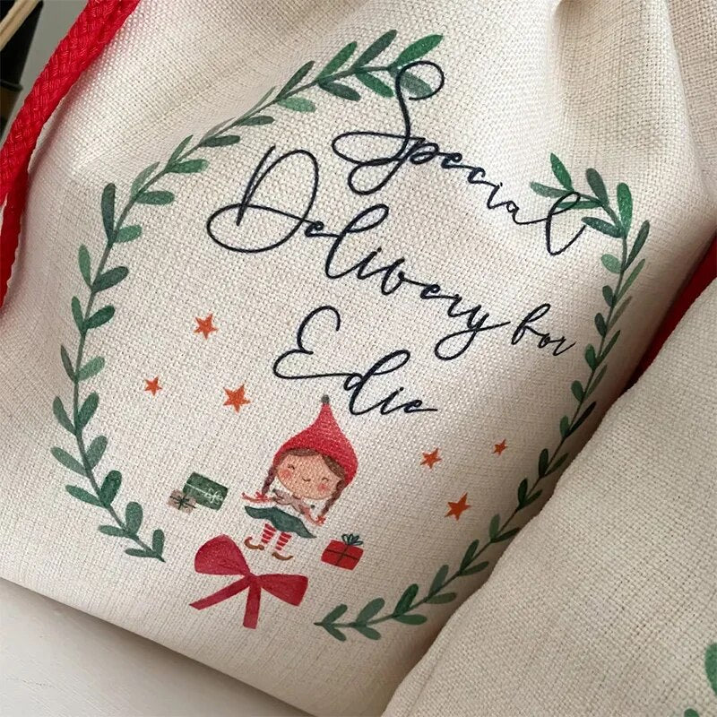 Custom Elf name stocking sack toy/gift bag