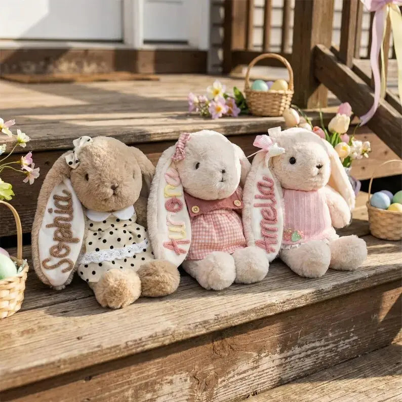 Personalized Plush Rabbit, Custom Party Favors, Wedding Favors Hand-Embroidered with Names, Keepsake or Birthday Gifts, and Holi