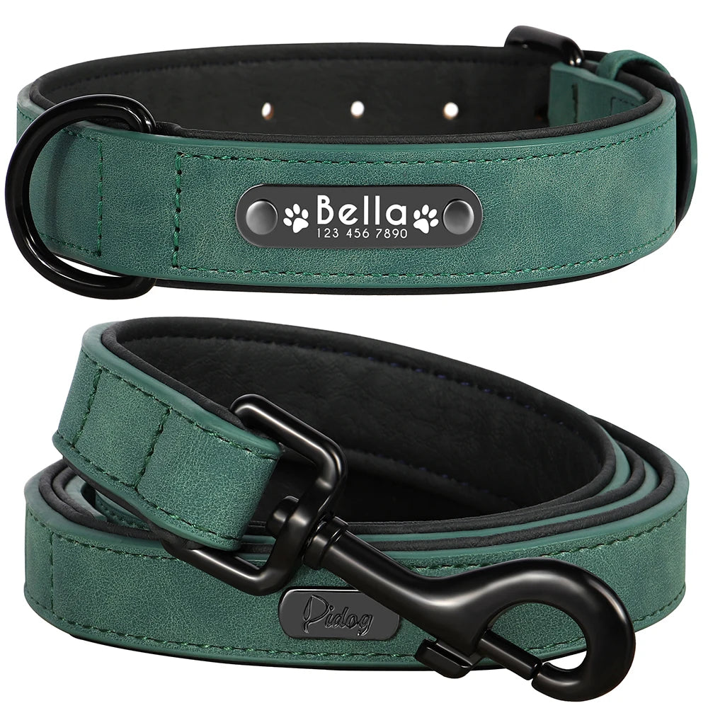 Personalized Dog Collar Leash Set Custom Leather Dog ID Collar Leash Lead For Small Medium Large Dogs Pitbull Bulldog Pugs