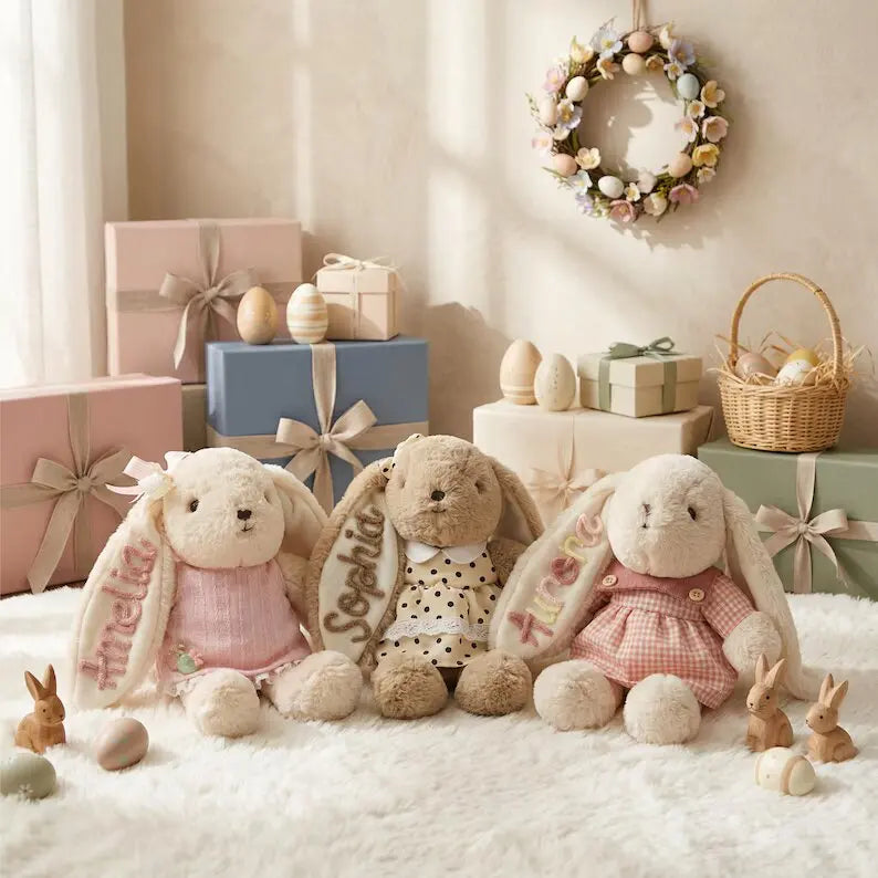 Personalized Plush Rabbit, Custom Party Favors, Wedding Favors Hand-Embroidered with Names, Keepsake or Birthday Gifts, and Holi