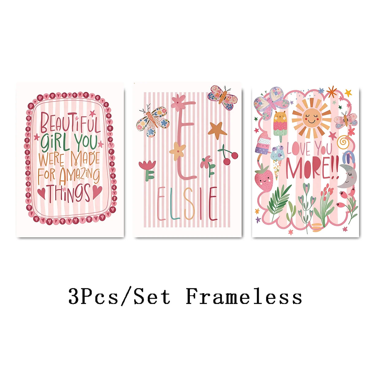 3pcs/set Bohemian Pink Flower Custom Name Initial Canvas Print Affirmative Quotation Nursery Wall Art Poster for Girl Home Decor