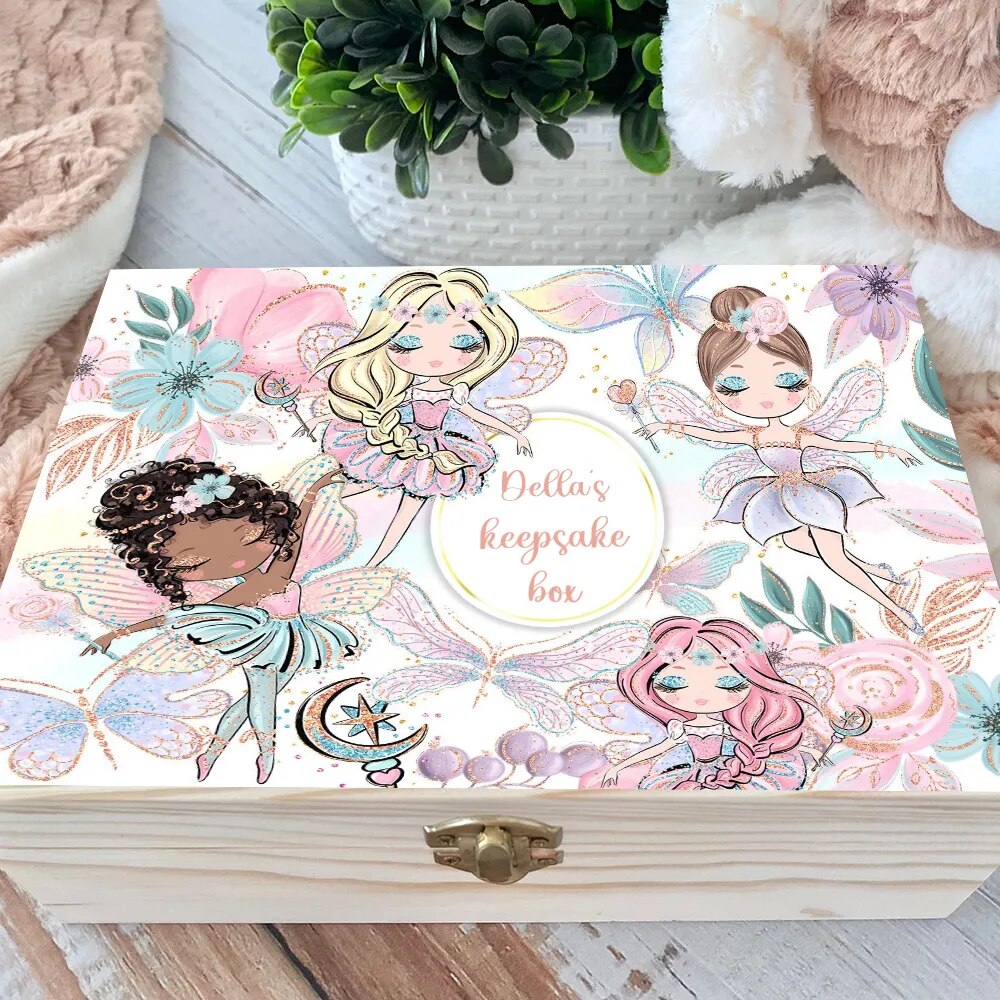 Personalised Baby fairy Keepsake Wooden Box Memory Case
