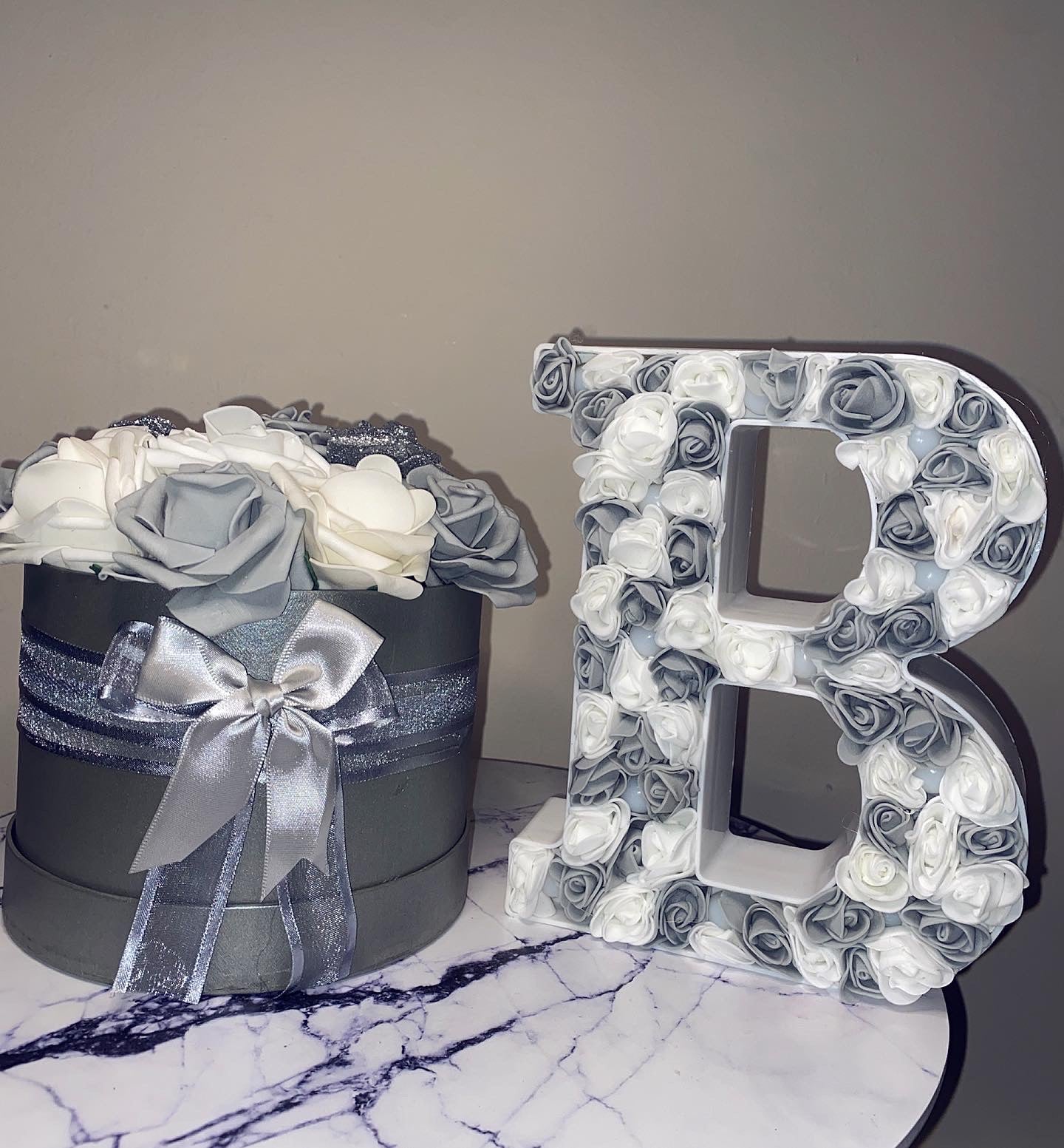 Grey white & silver rose box
