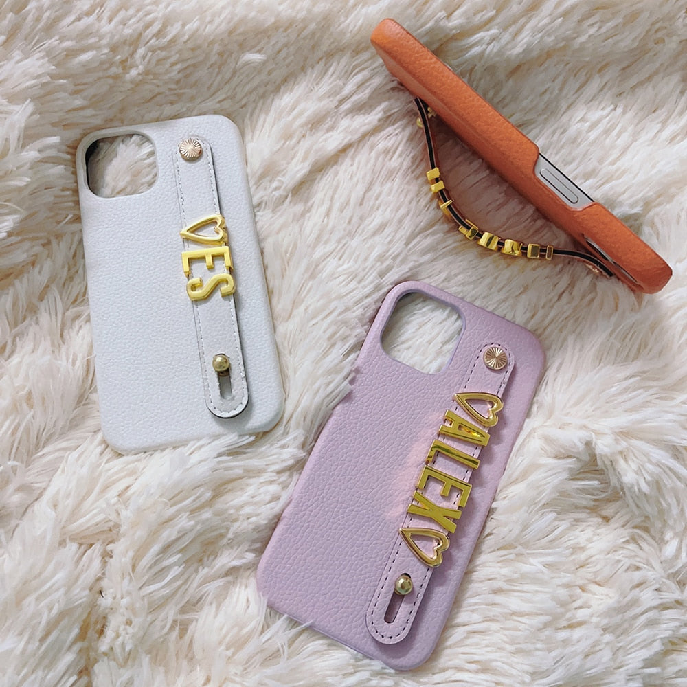 Gold Name Strap Leather Iphone Case